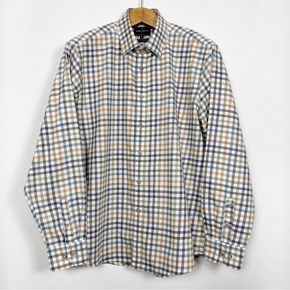 Daniel Hechter Blue and Brown Checkered‎ Windowpane Long Sleeve Shirt Size XL